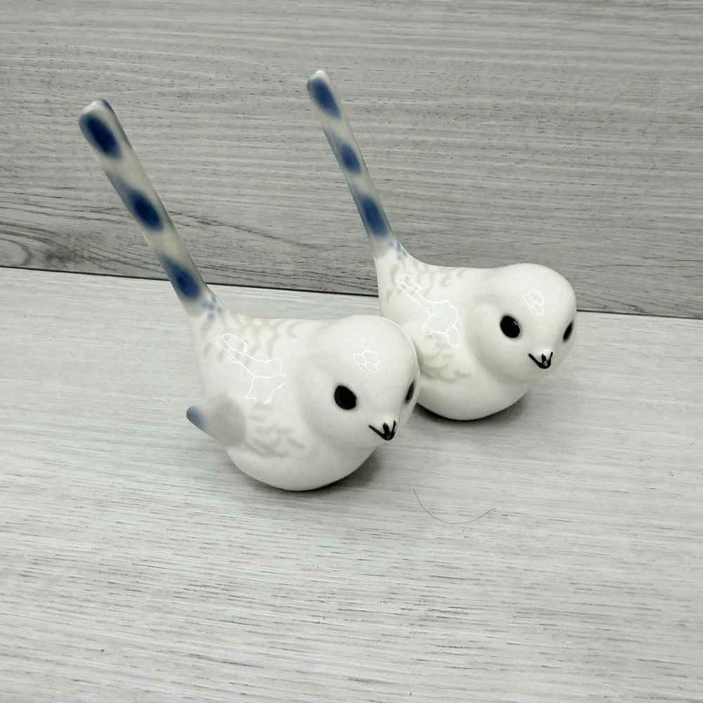 Porcelain Long Tail Bird Figurines Pair Soviet Era USSR White Blue VTG